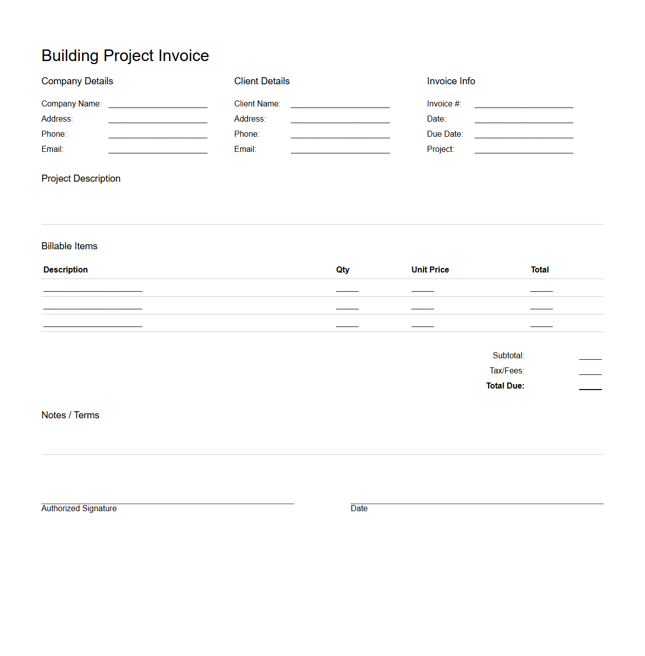 Blank Building Project Invoice Template