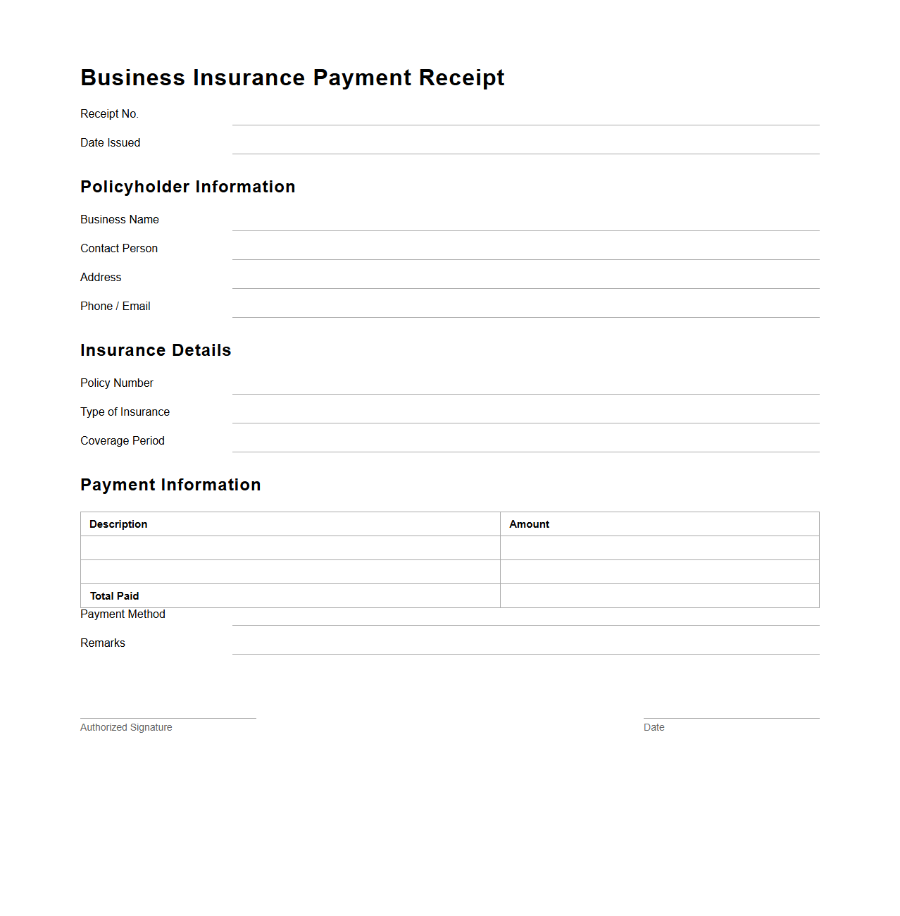 Blank Business Insurance Payment Receipt Template