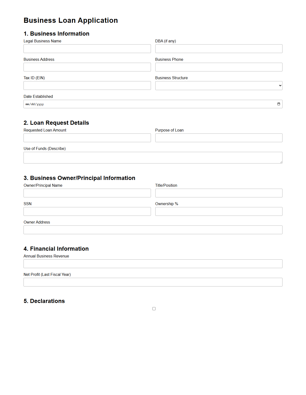 Blank Business Loan Application Document for Credit Unions