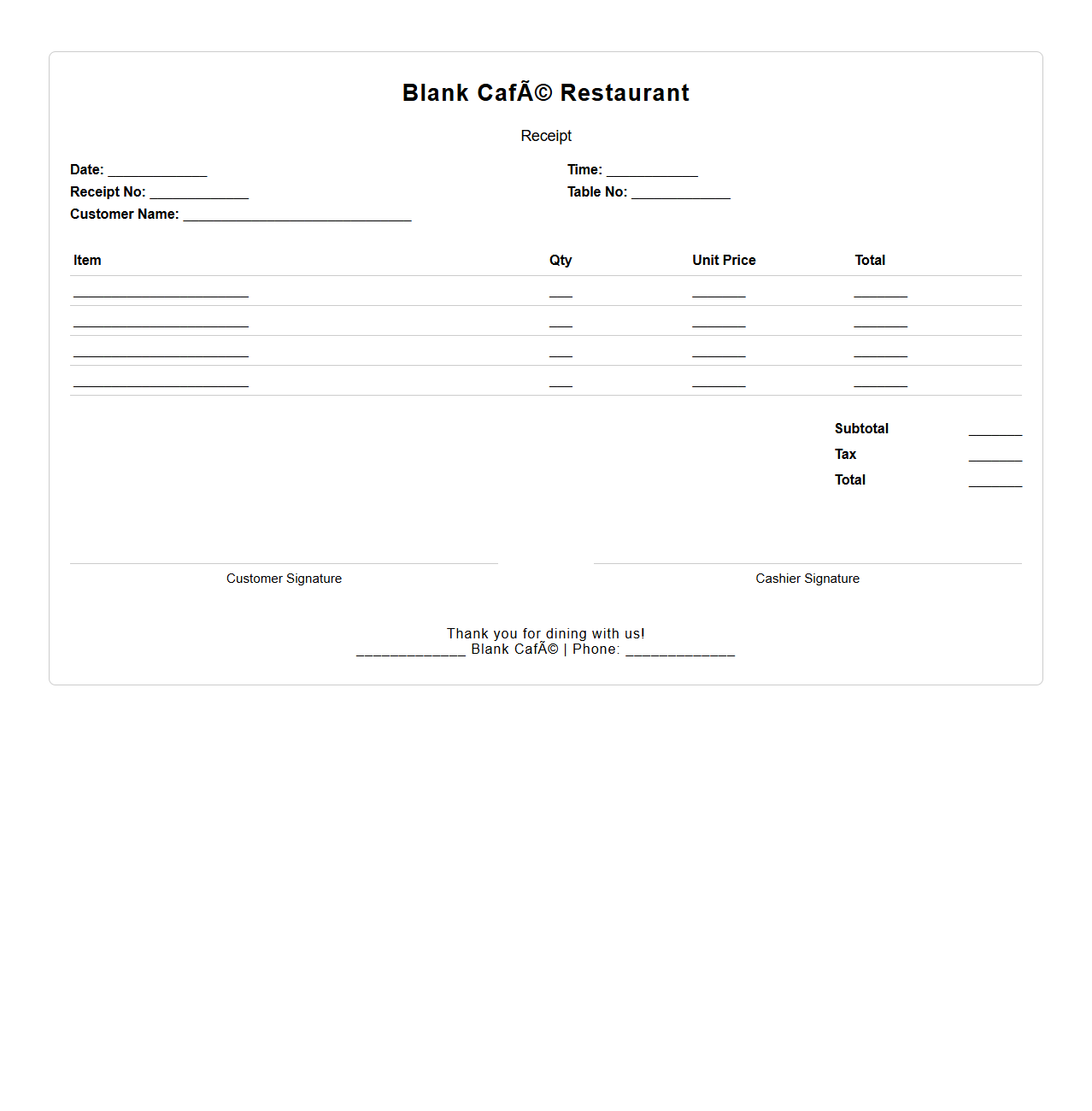 Blank Café Restaurant Receipt Template