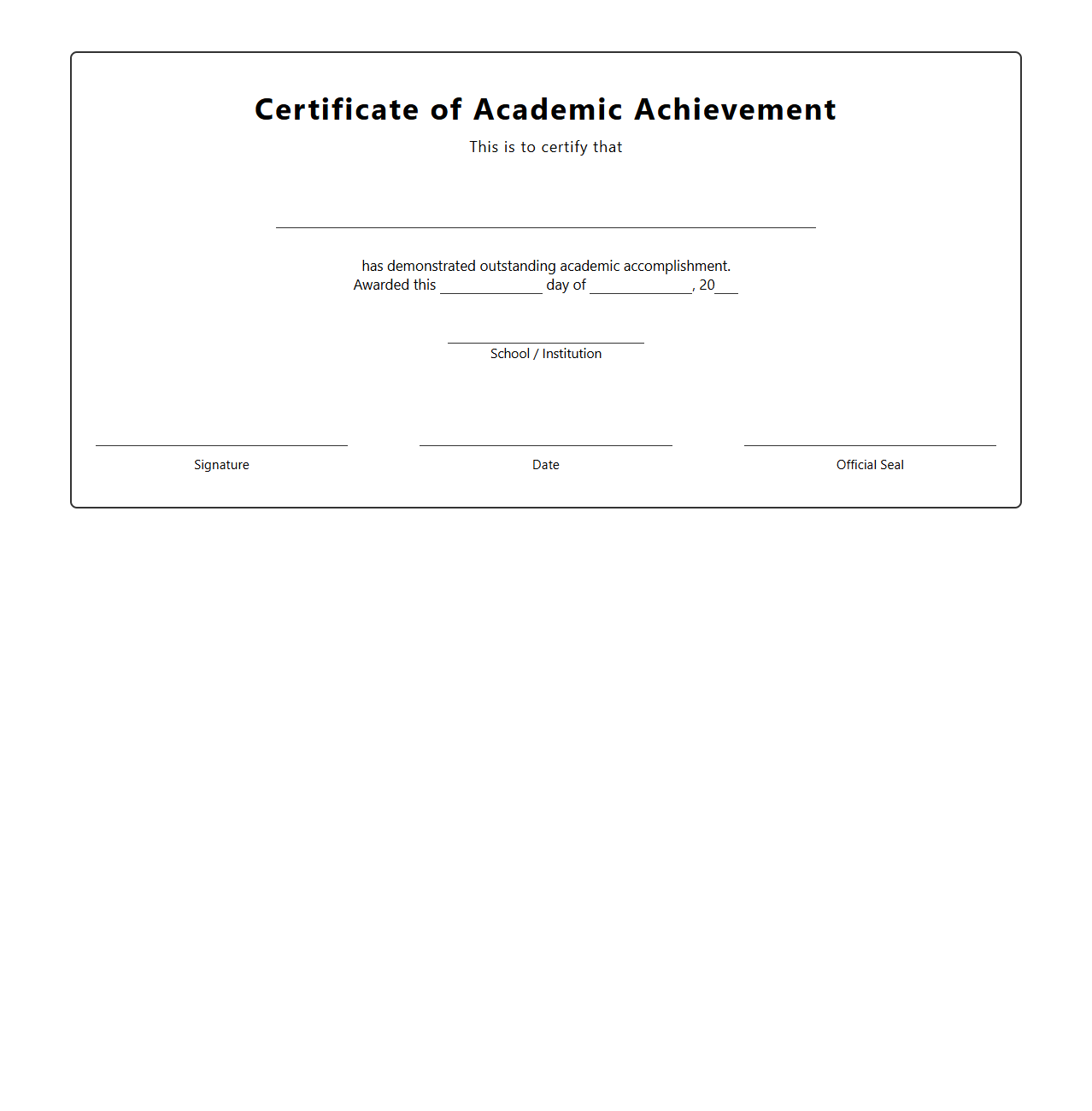 Blank Certificate of Academic Achievement Template