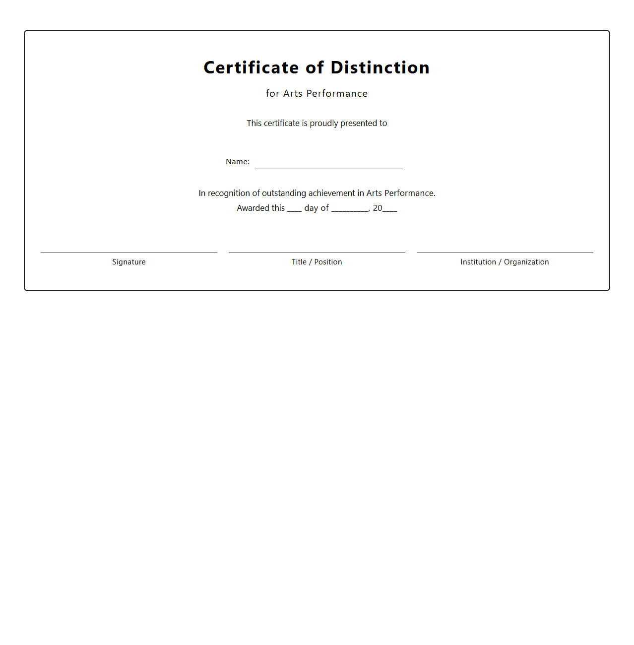 Blank Certificate of Distinction for Arts Performance