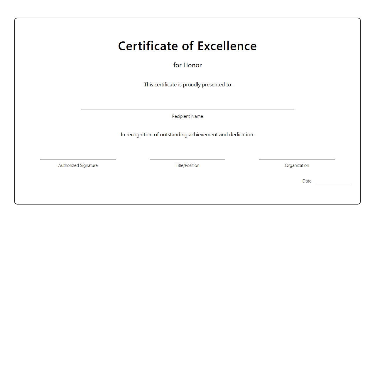 Blank Certificate of Excellence for Honor