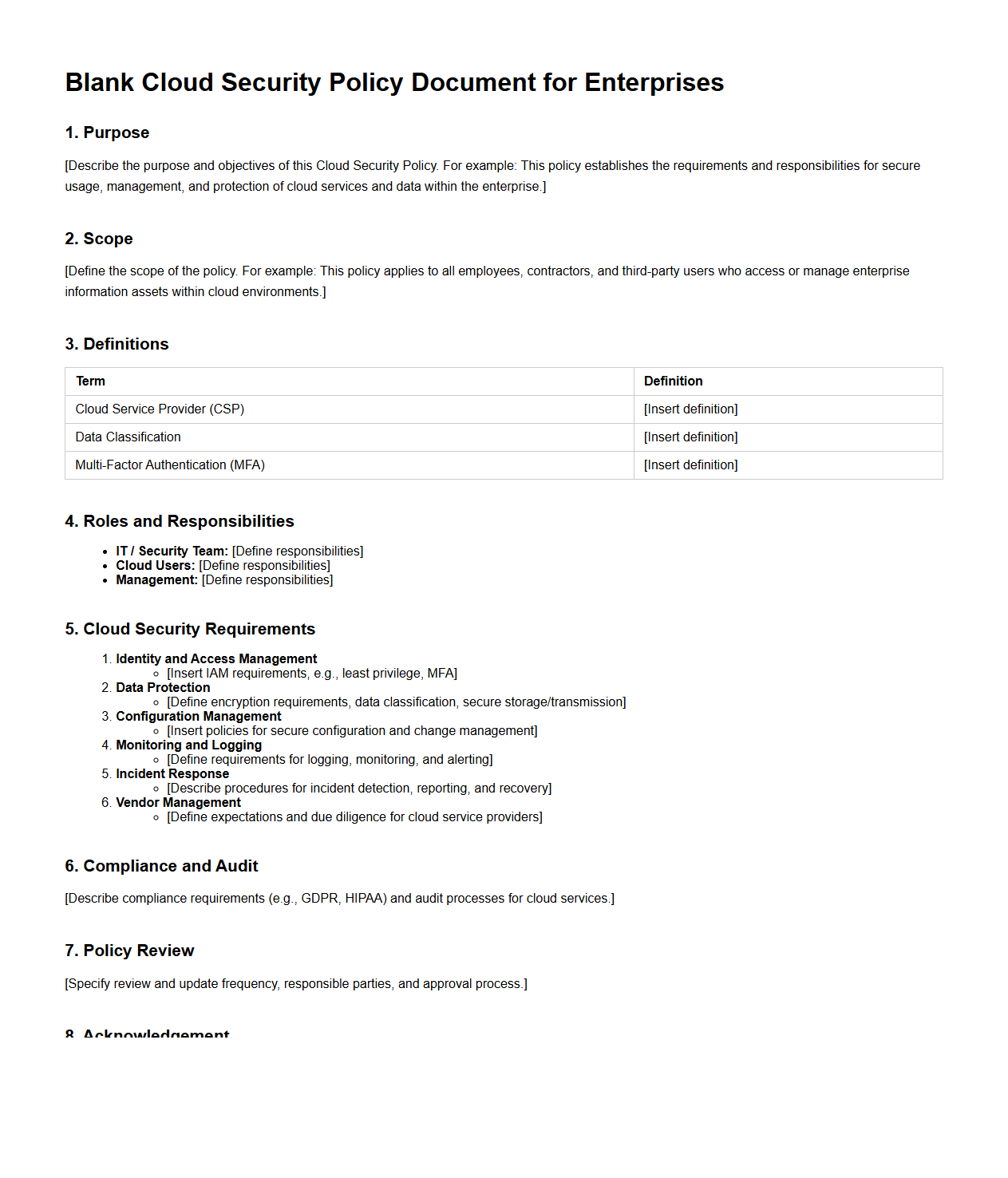 Blank Cloud Security Policy Document for Enterprises