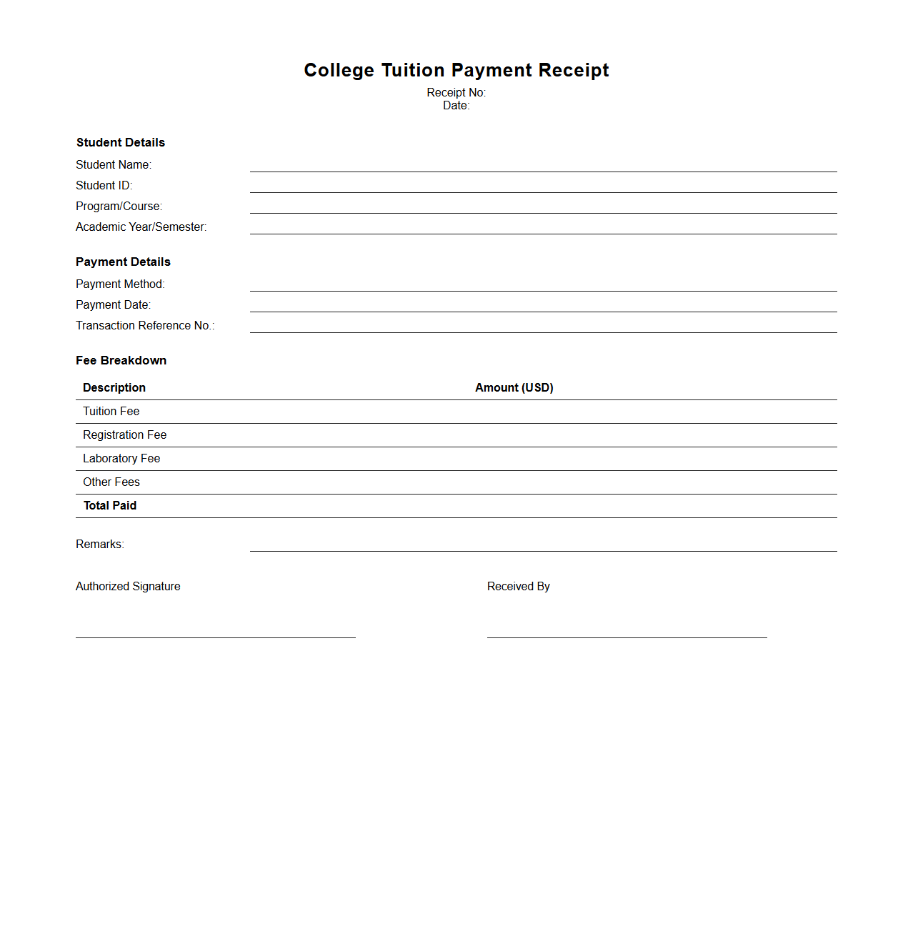 Blank College Tuition Payment Receipt Template