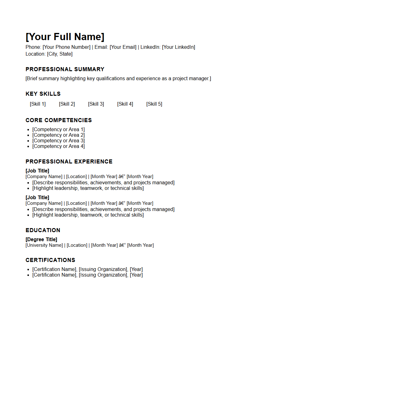 Blank Combination Format Resume Template for Project Managers