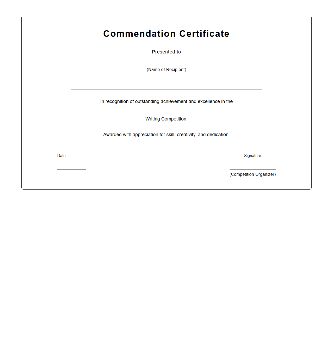 Blank Commendation Certificate Template for Writing Competitions