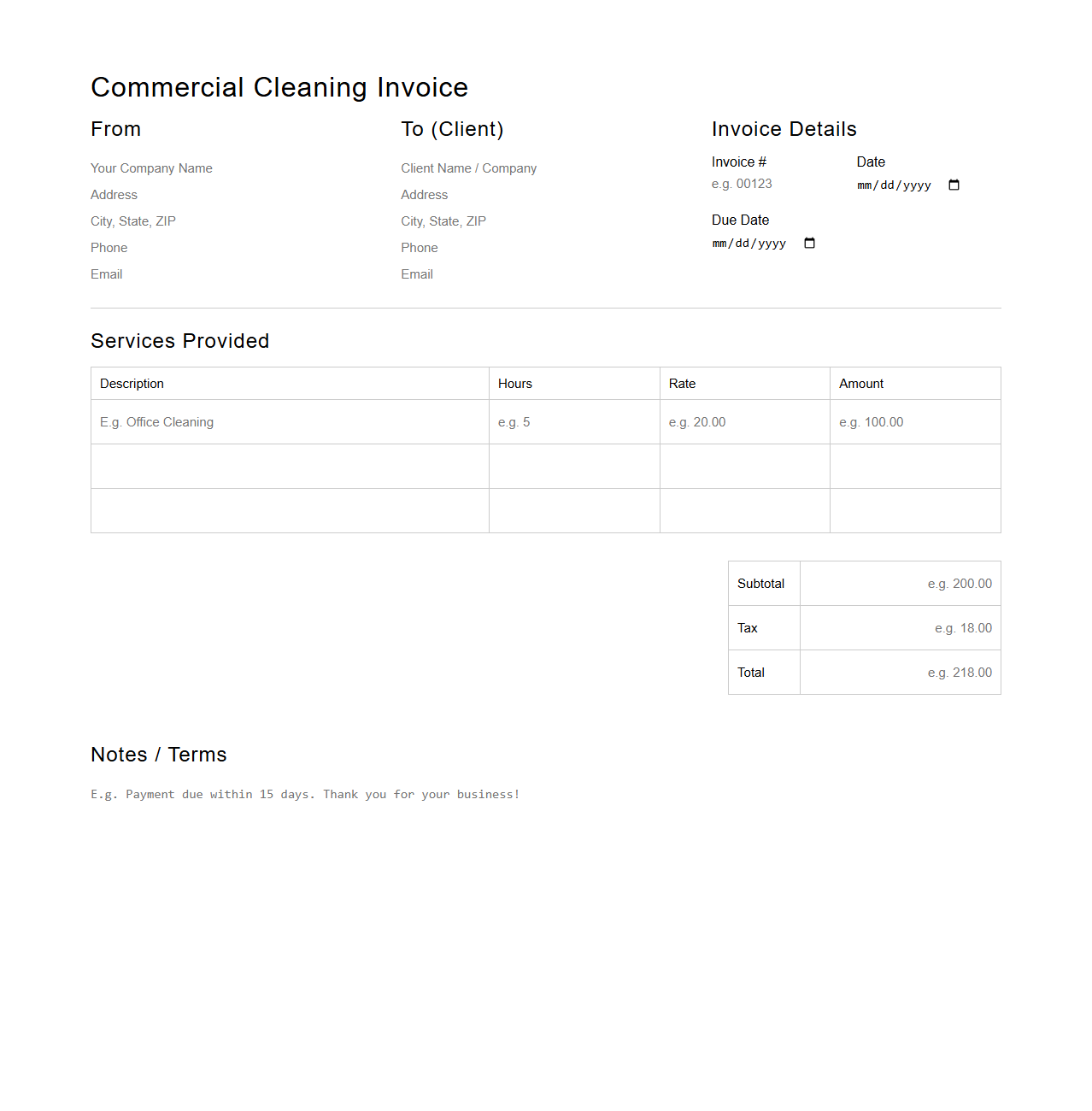 Blank Commercial Cleaning Invoice Template for Offices