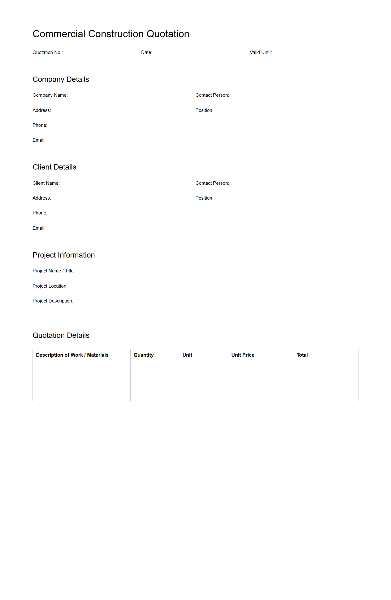 Blank Commercial Construction Quotation Template