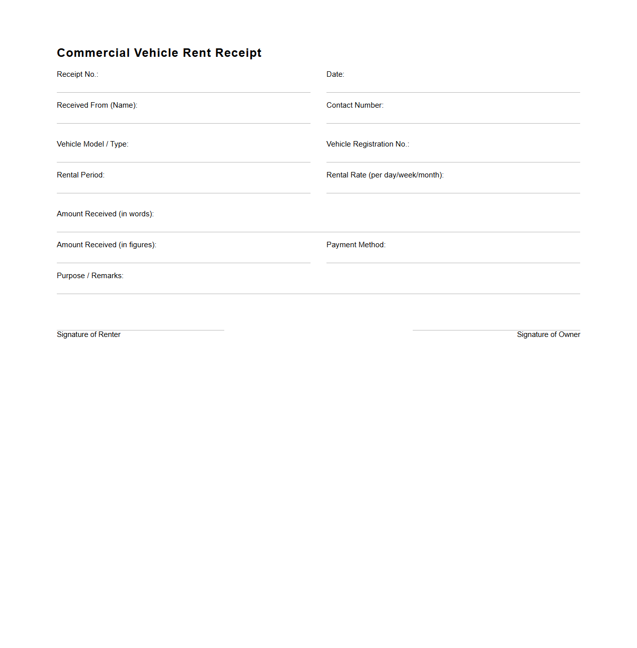 Blank Commercial Vehicle Rent Receipt Template