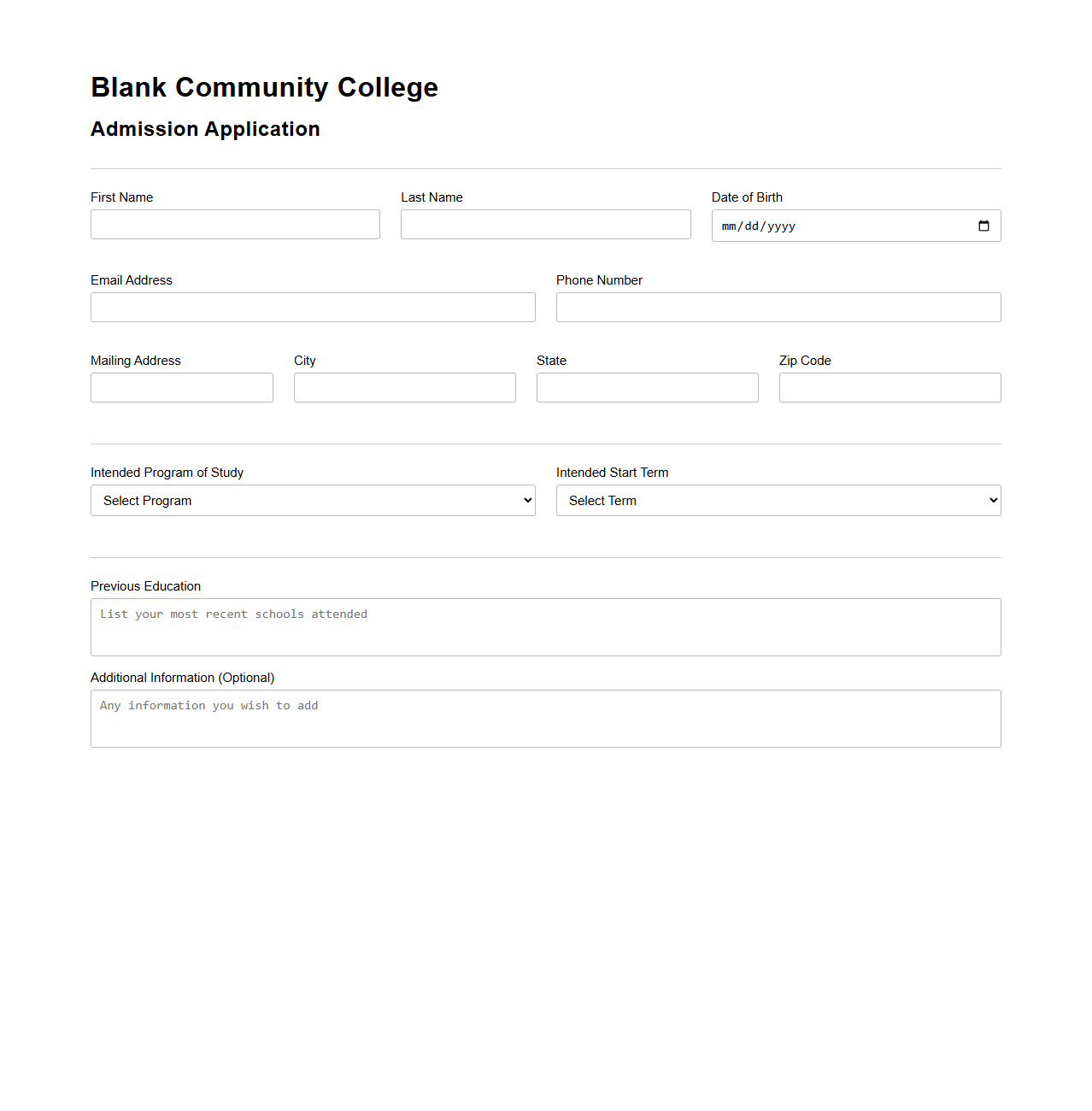 Blank Community College Admission Application Layout