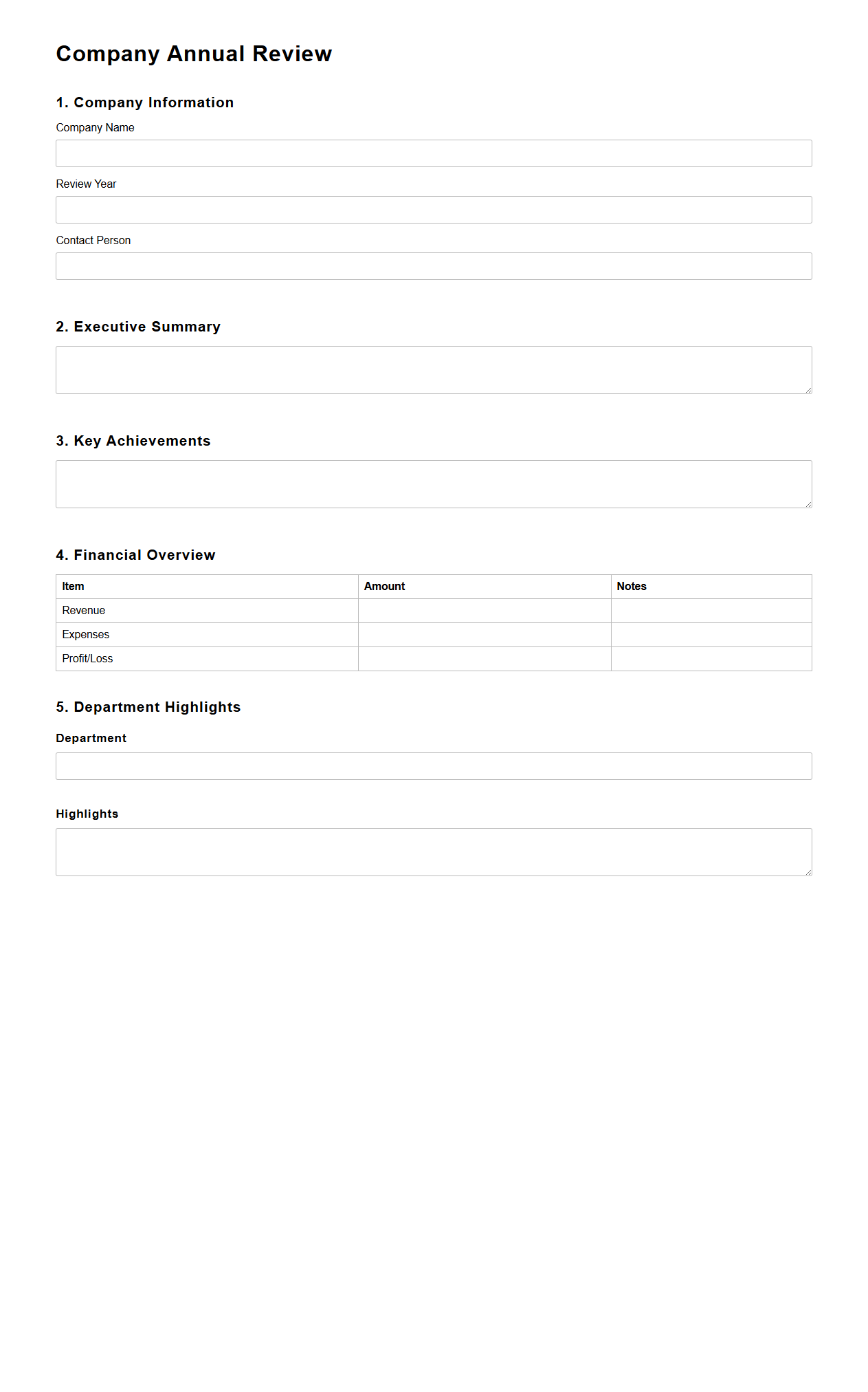Blank Company Annual Review Template