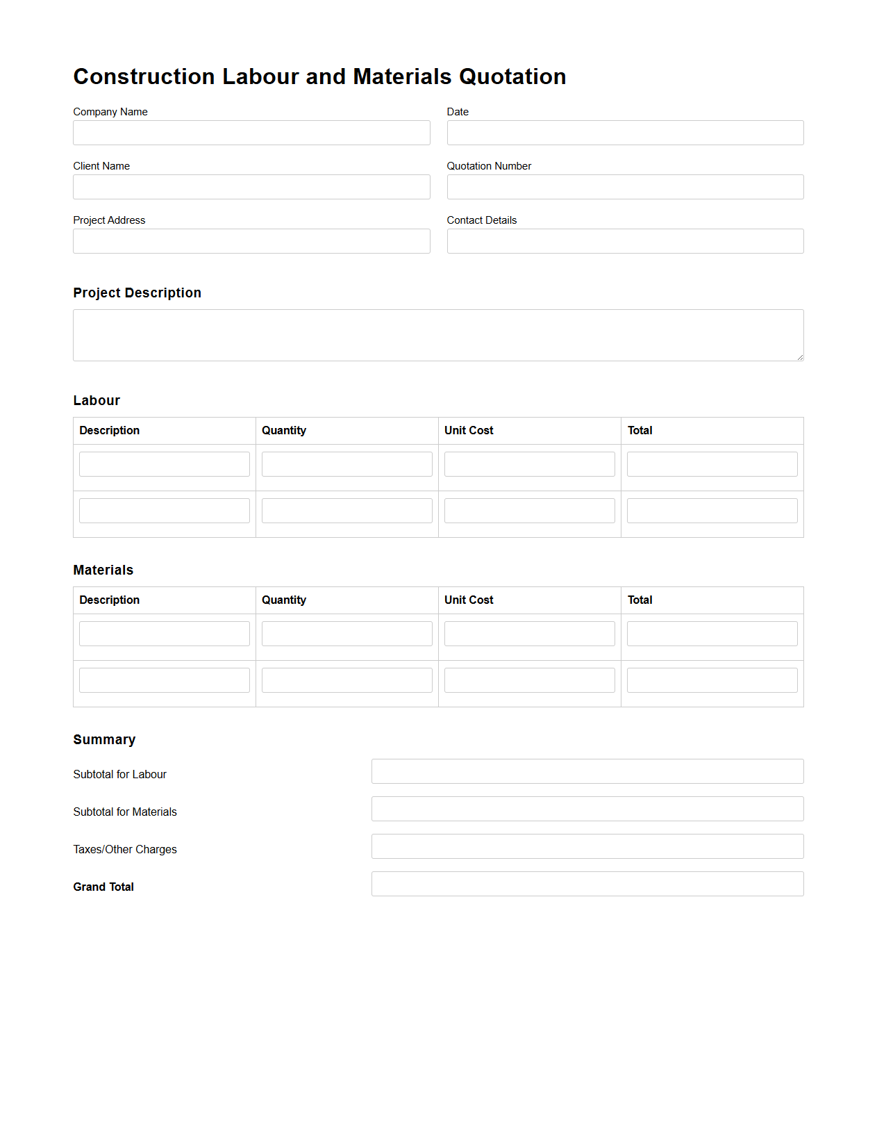 Blank Construction Labour and Materials Quotation Template