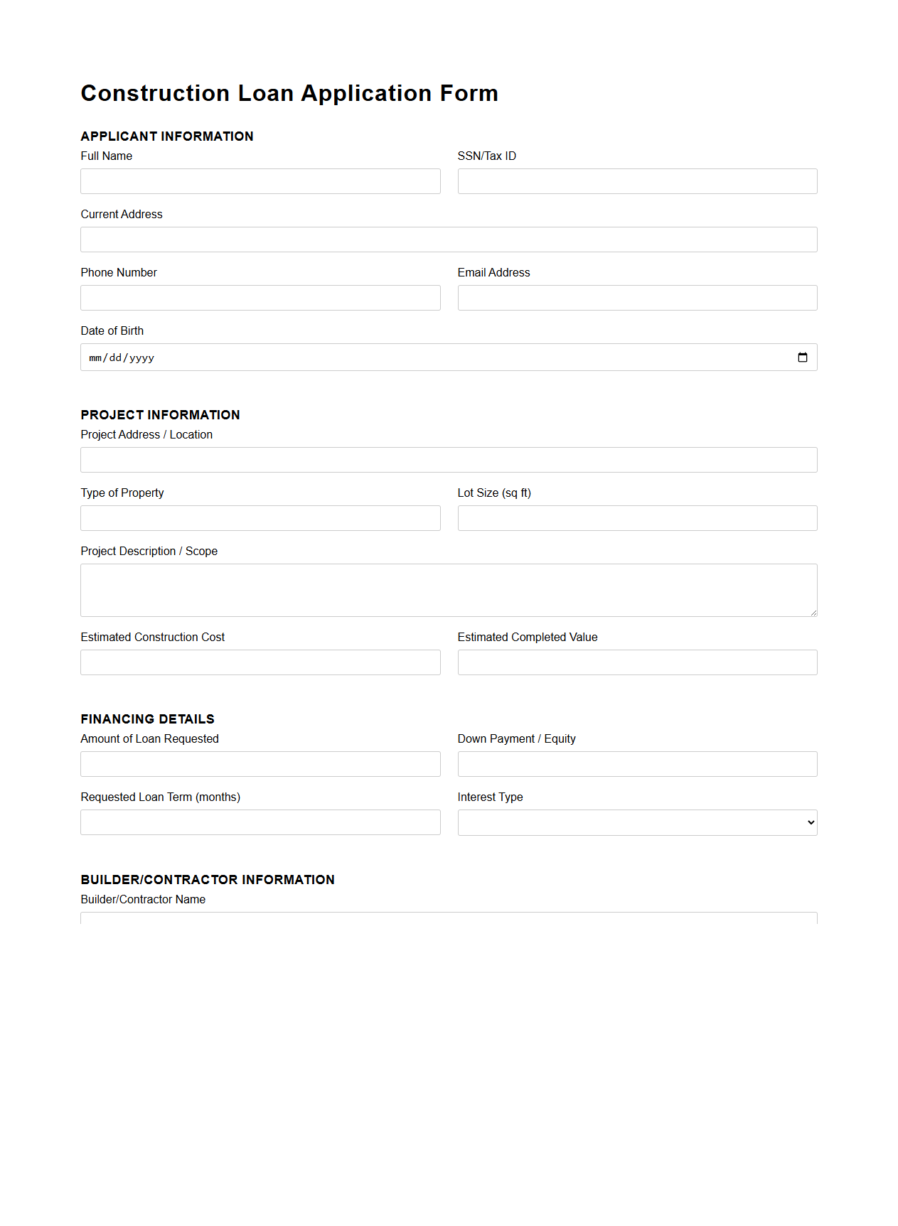 Blank Construction Loan Application Form for Real Estate Financing