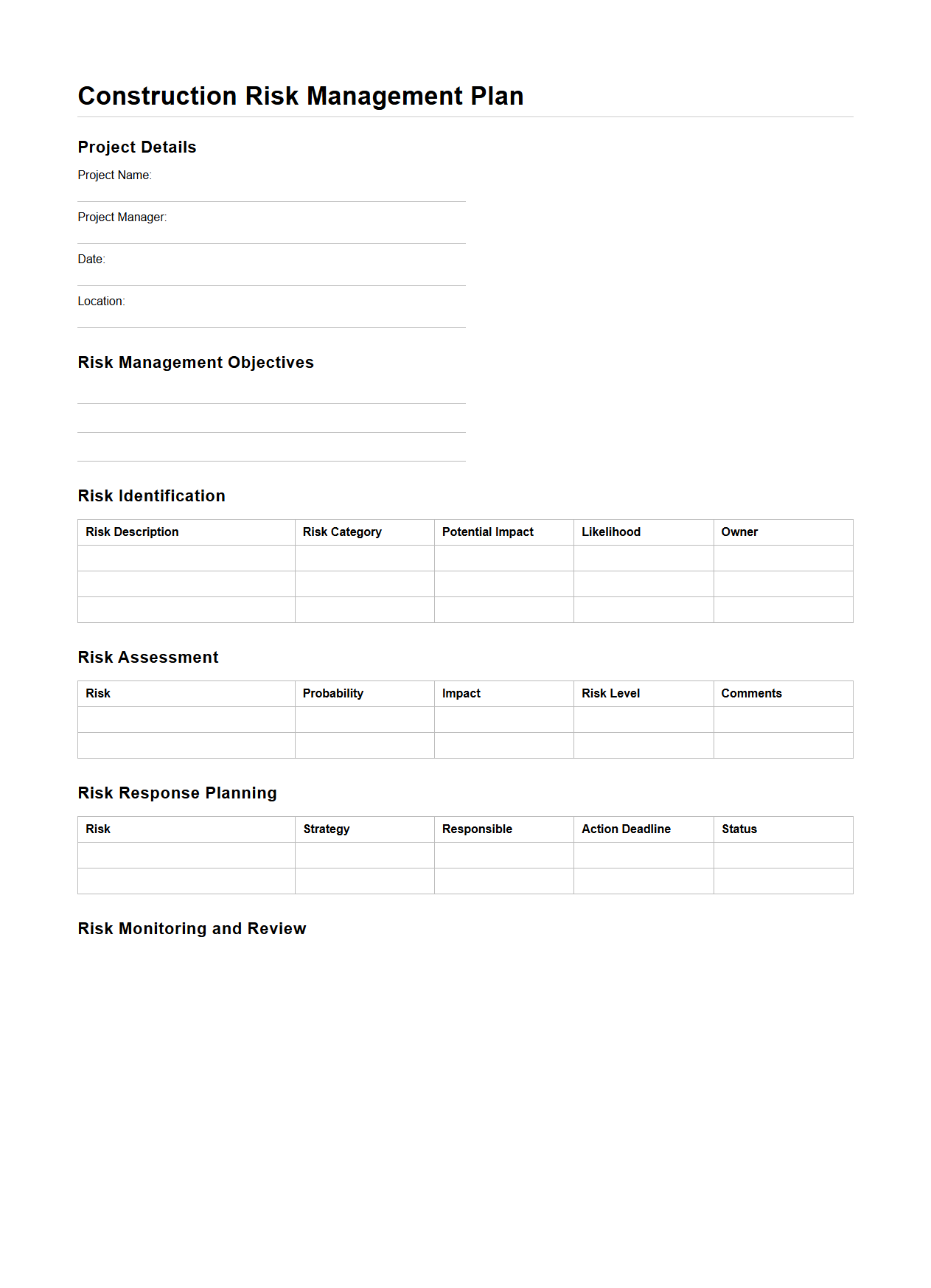 Blank Construction Risk Management Plan Template