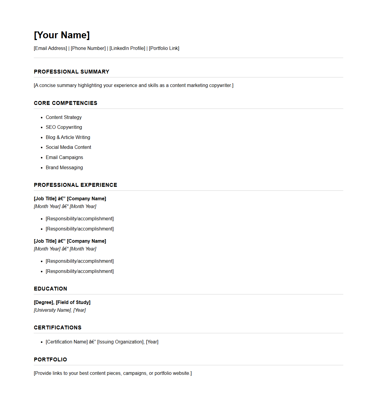 Blank Content Marketing Resume Template for Copywriters