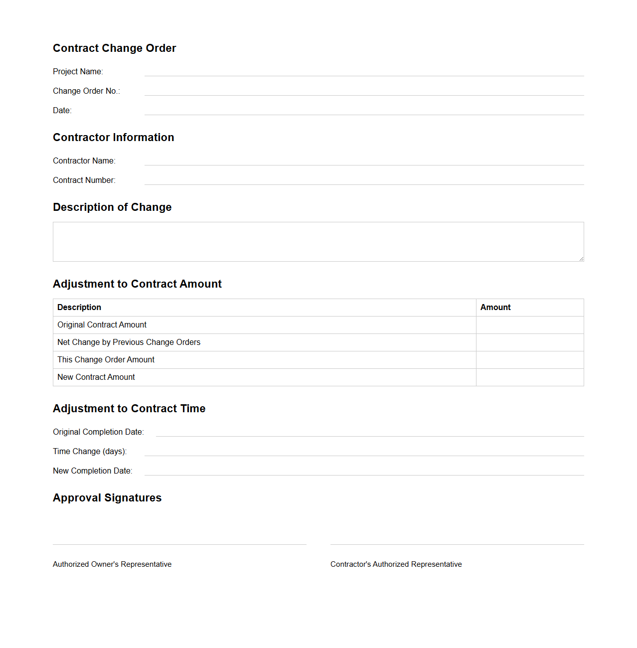 Blank Contract Change Order Document