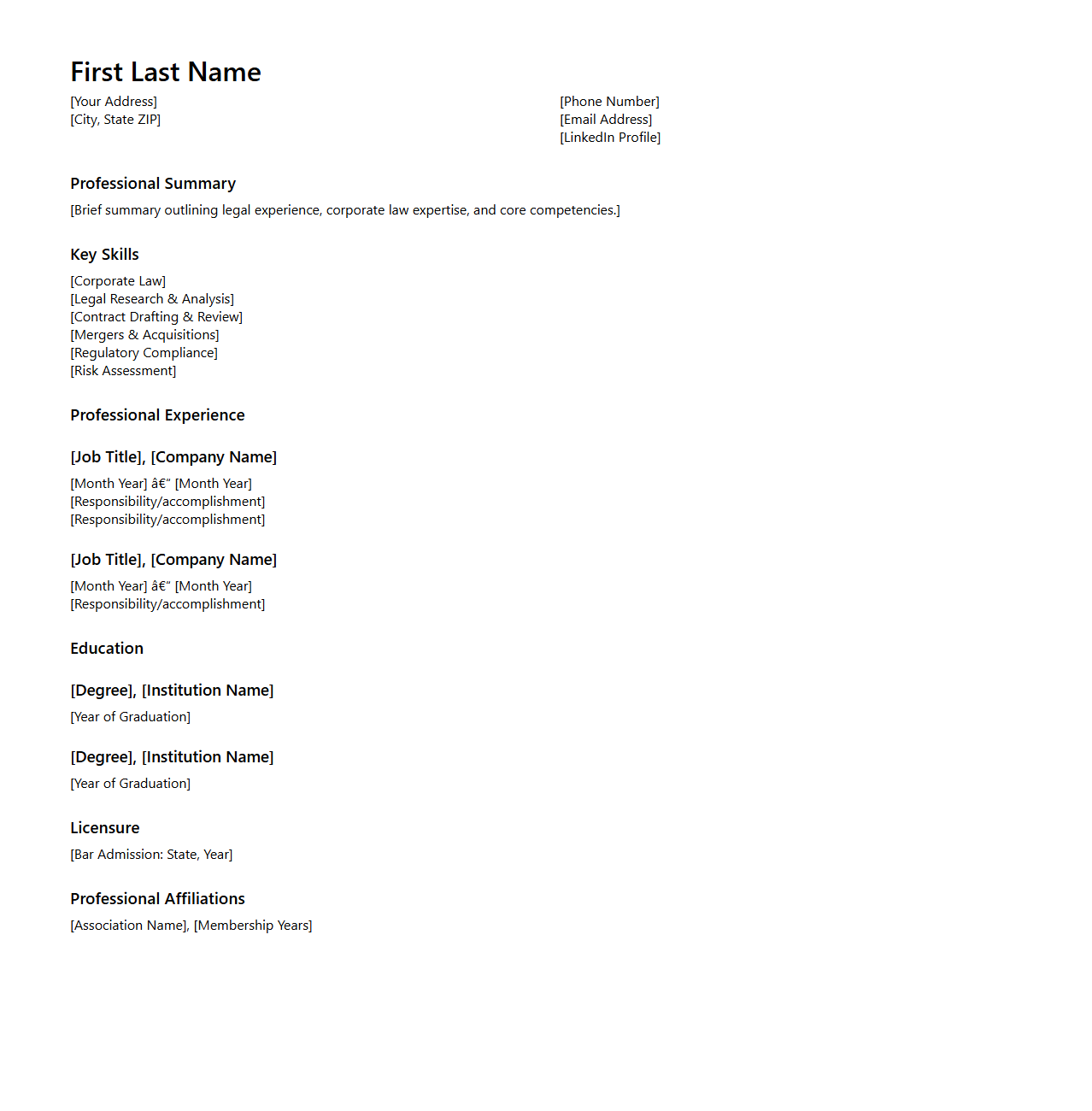 Blank Corporate Lawyer CV Template