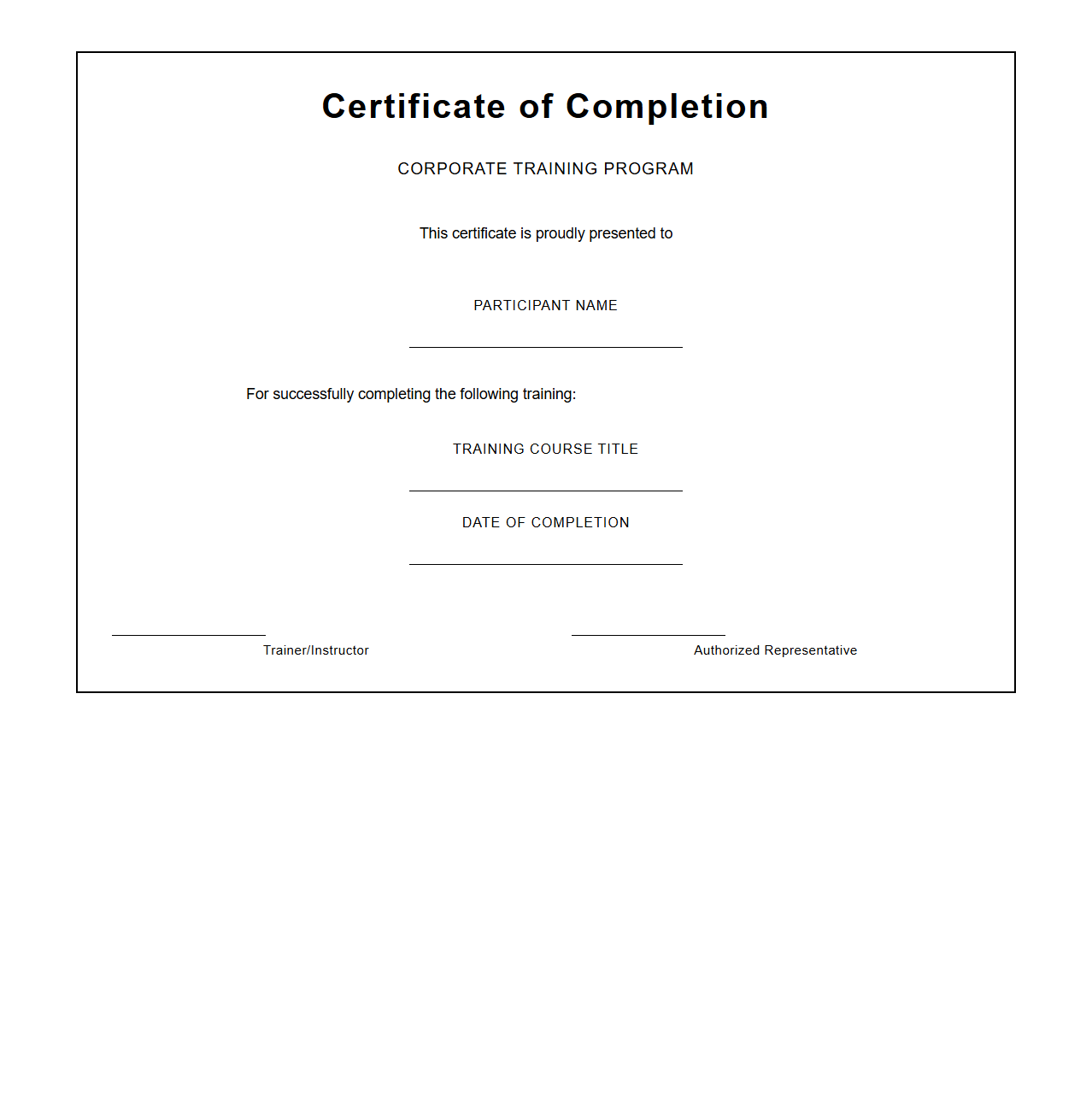 Blank Corporate Training Completion Certificate