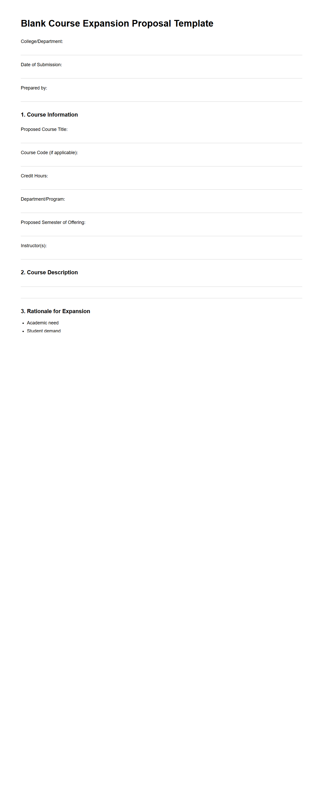 Blank Course Expansion Proposal Template for Colleges