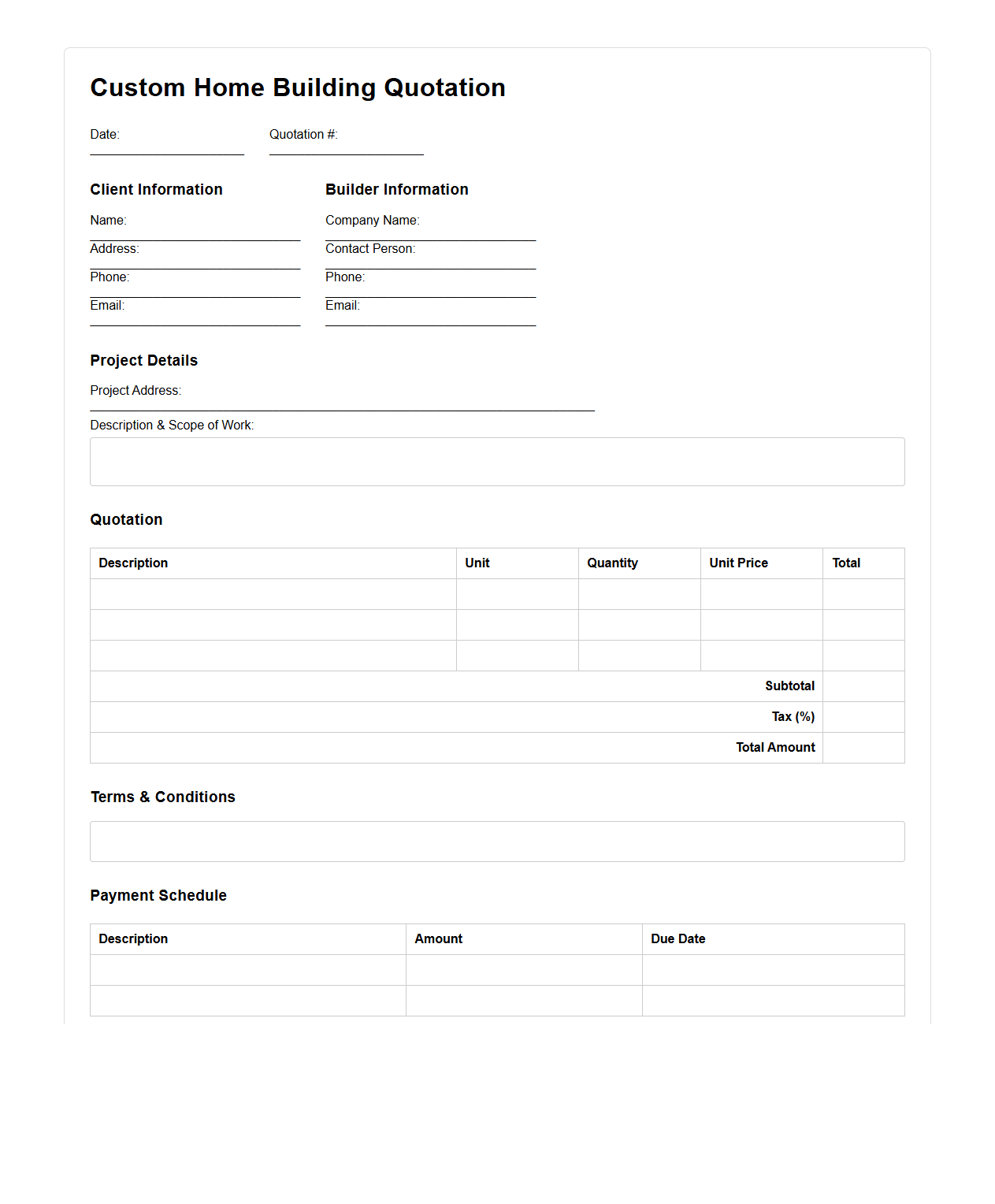 Blank Custom Home Building Quotation Template