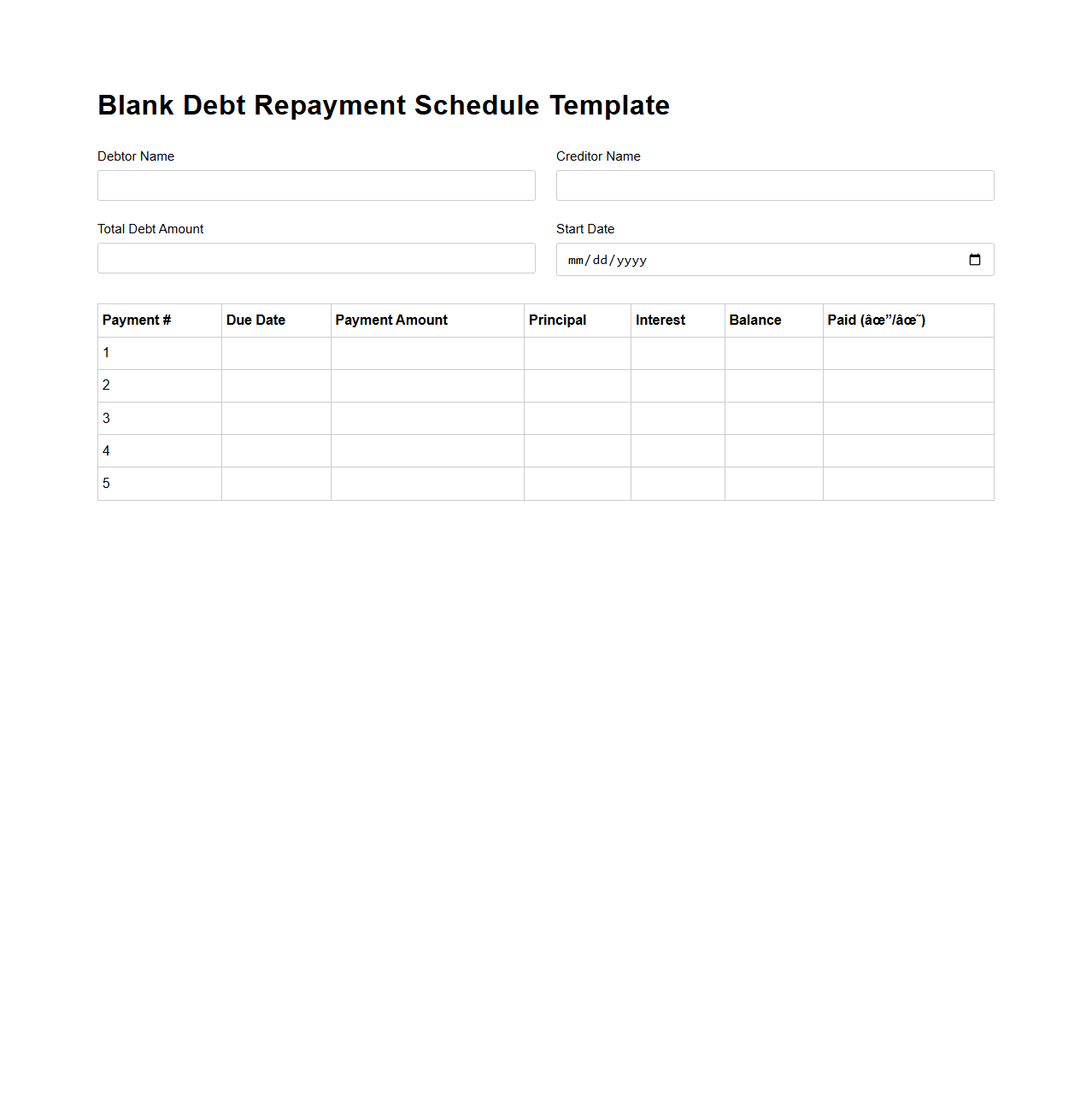 Blank Debt Repayment Schedule Template
