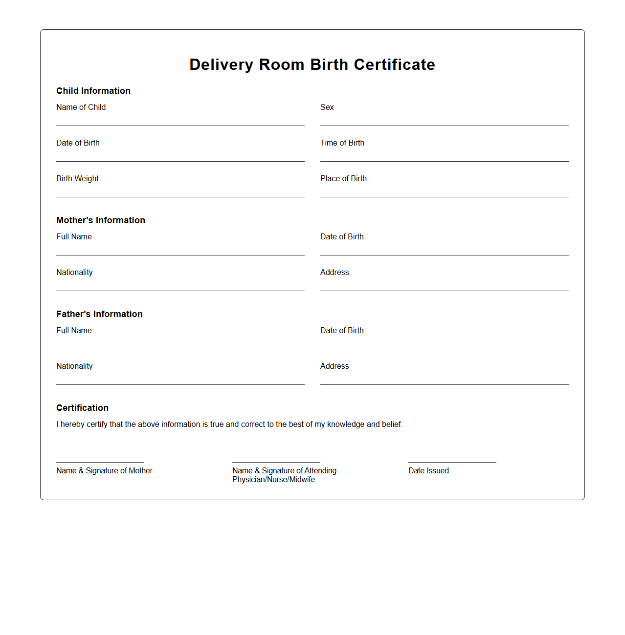 Blank Delivery Room Birth Certificate Framework