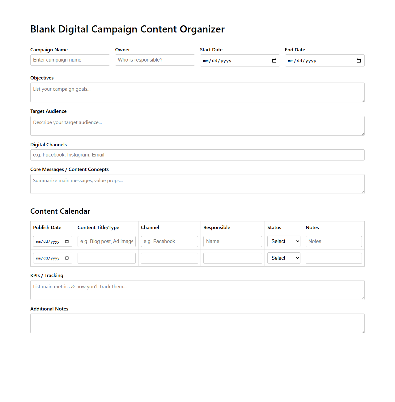 Blank Digital Campaign Content Organizer