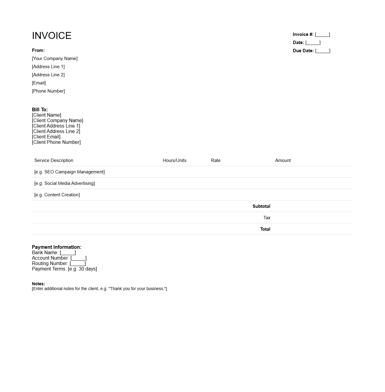 Blank Digital Marketing Invoice Template