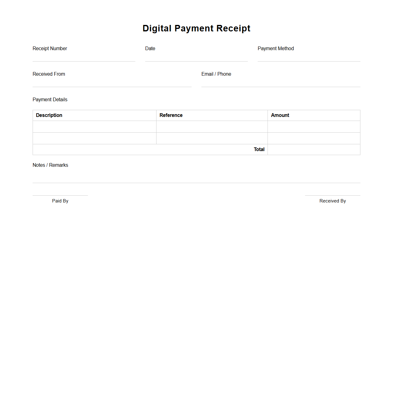Blank Digital Payment Receipt Template