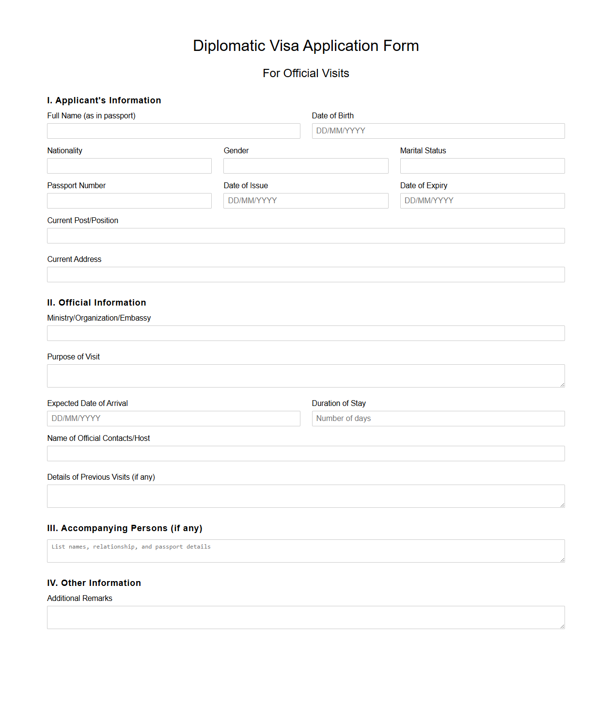 Blank Diplomatic Visa Application Template for Official Visits