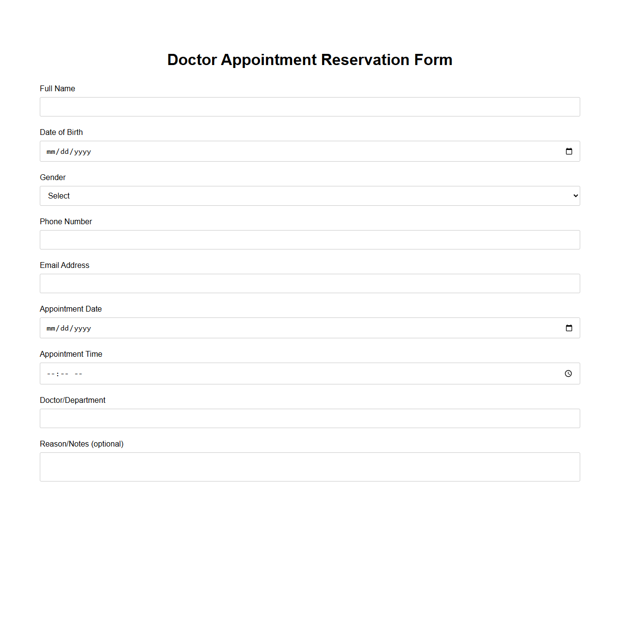 Blank Doctor Appointment Reservation Form Template