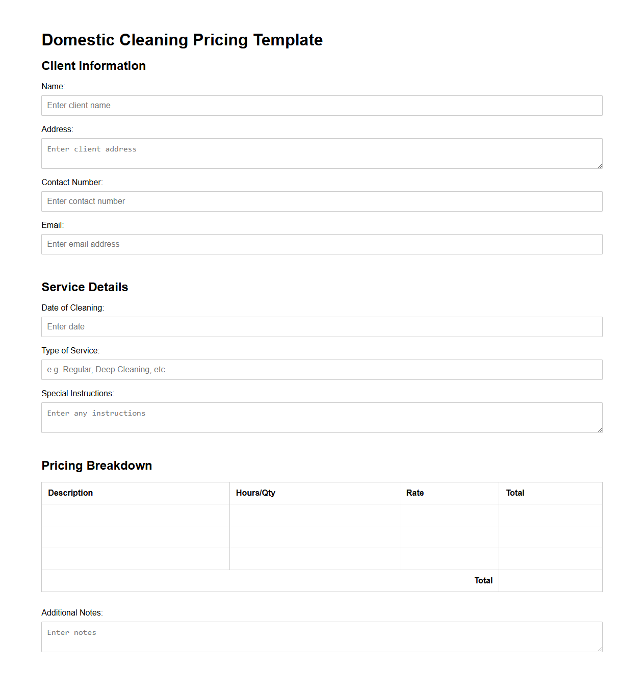 Blank Domestic Cleaning Pricing Template