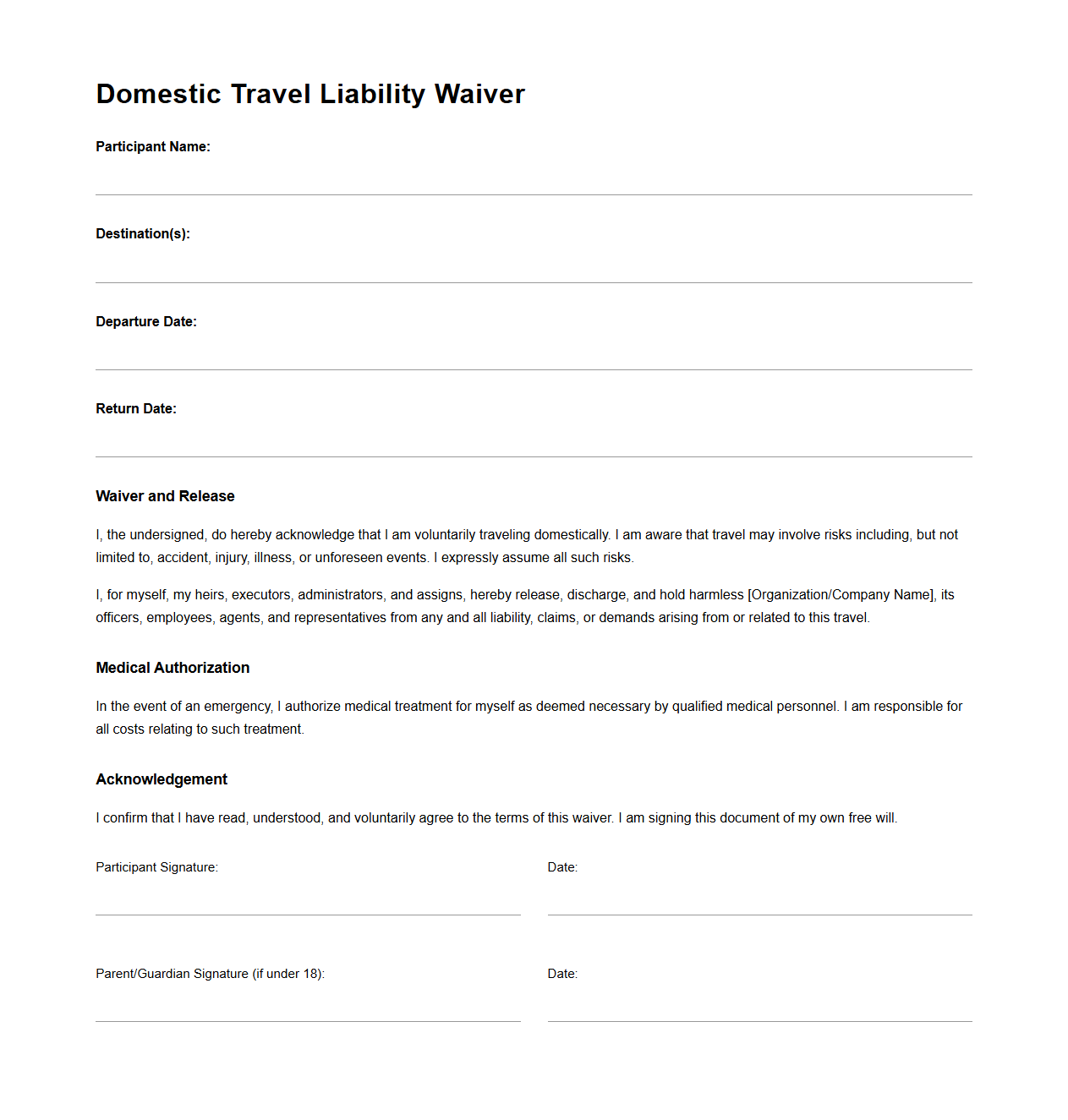 Blank Domestic Travel Liability Waiver