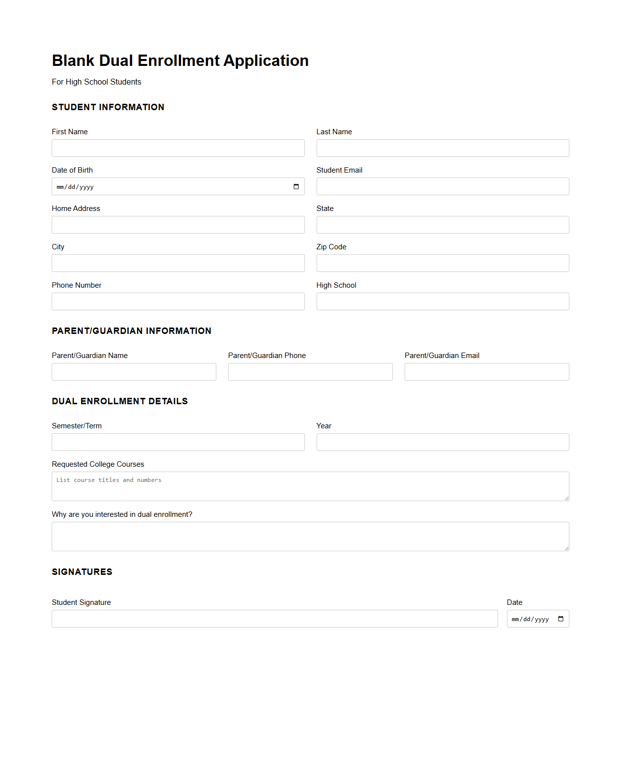 Blank Dual Enrollment Application Template for High School Students