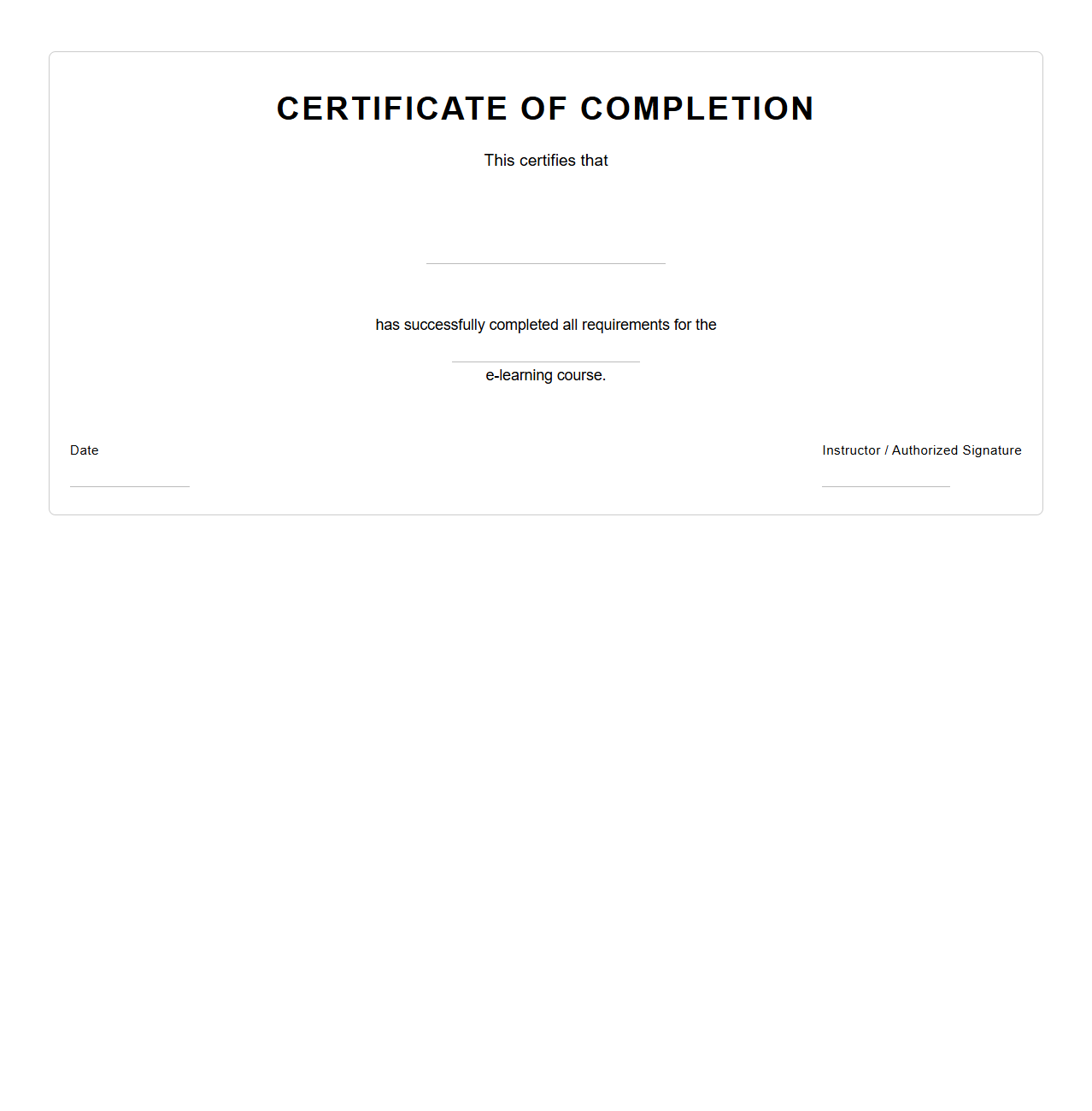 Blank E-Learning Certification Template for Students