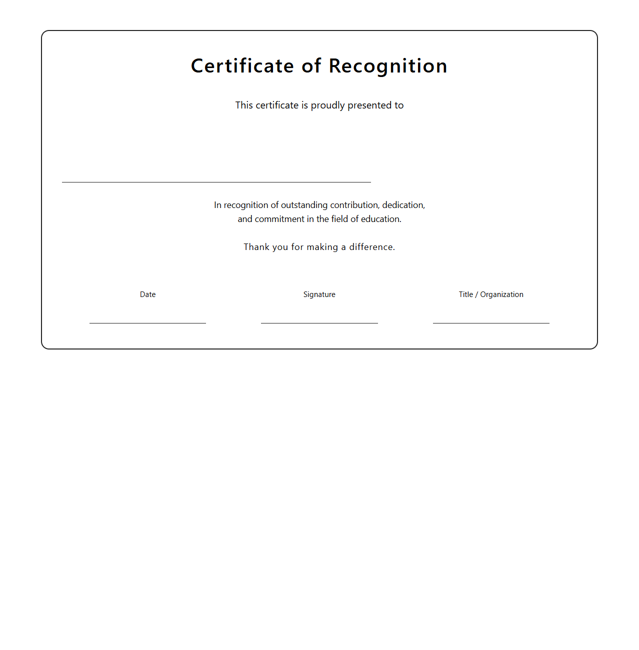 Blank Educator Recognition Certificate Template