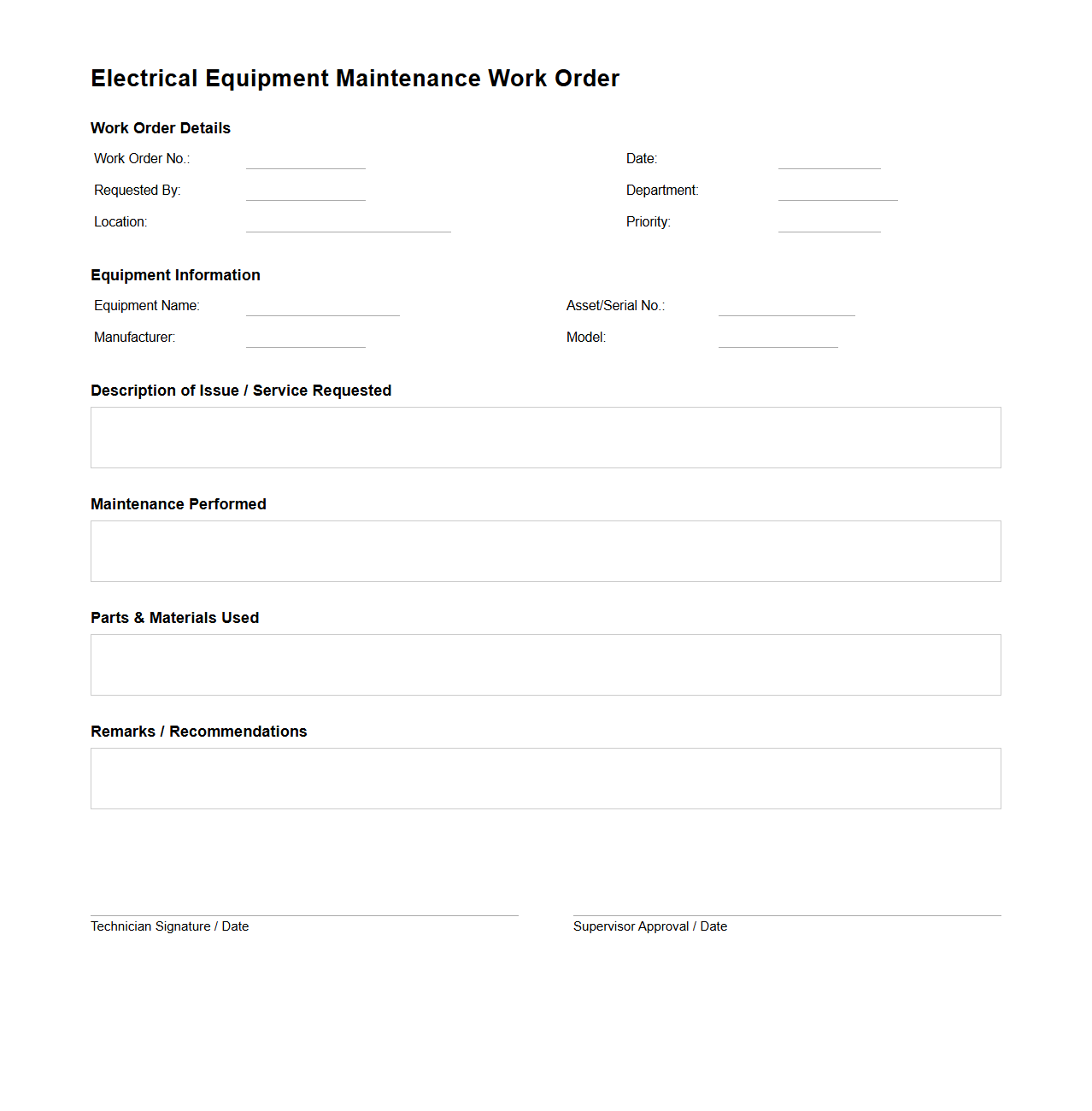 Blank Electrical Equipment Maintenance Work Order