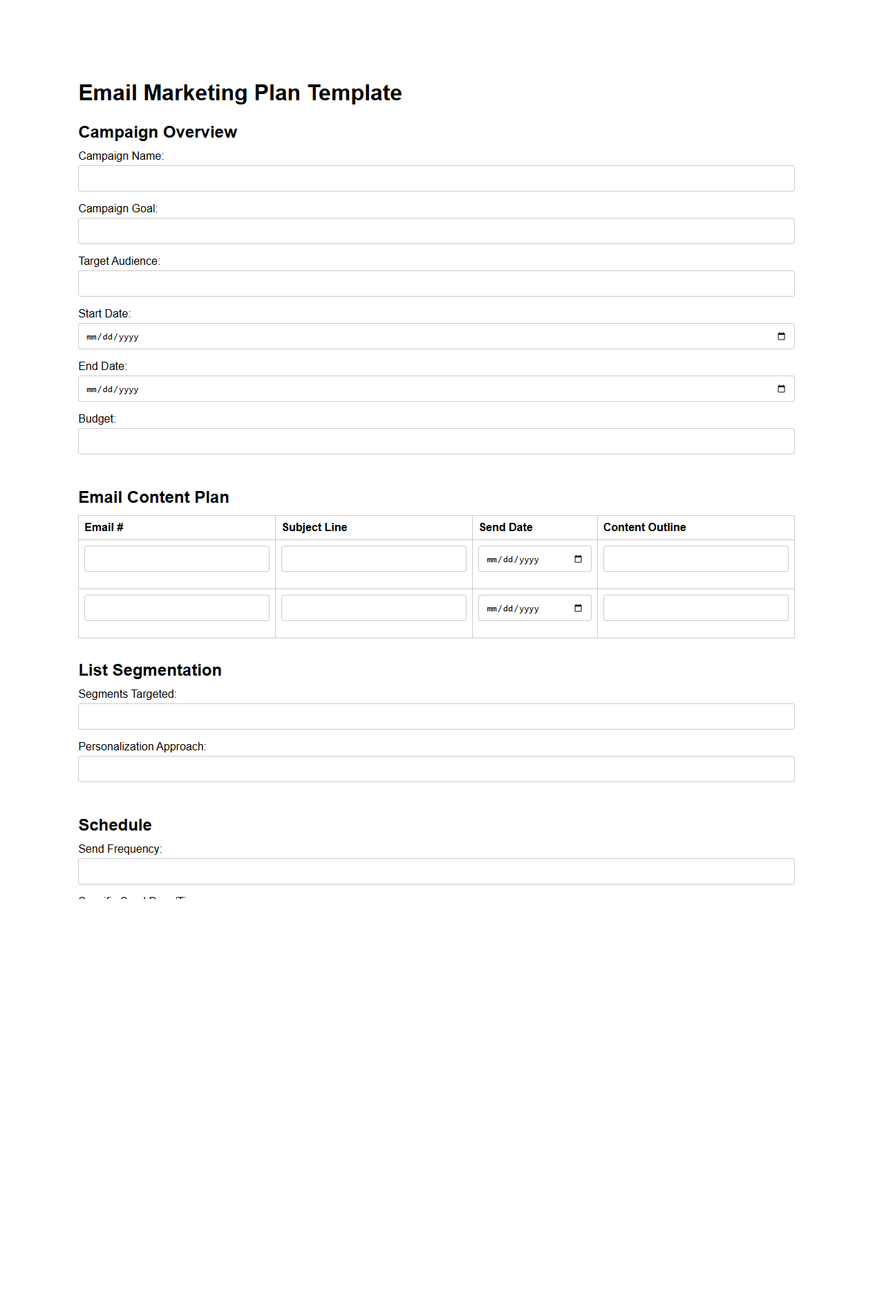 Blank Email Marketing Plan Template for Campaigns