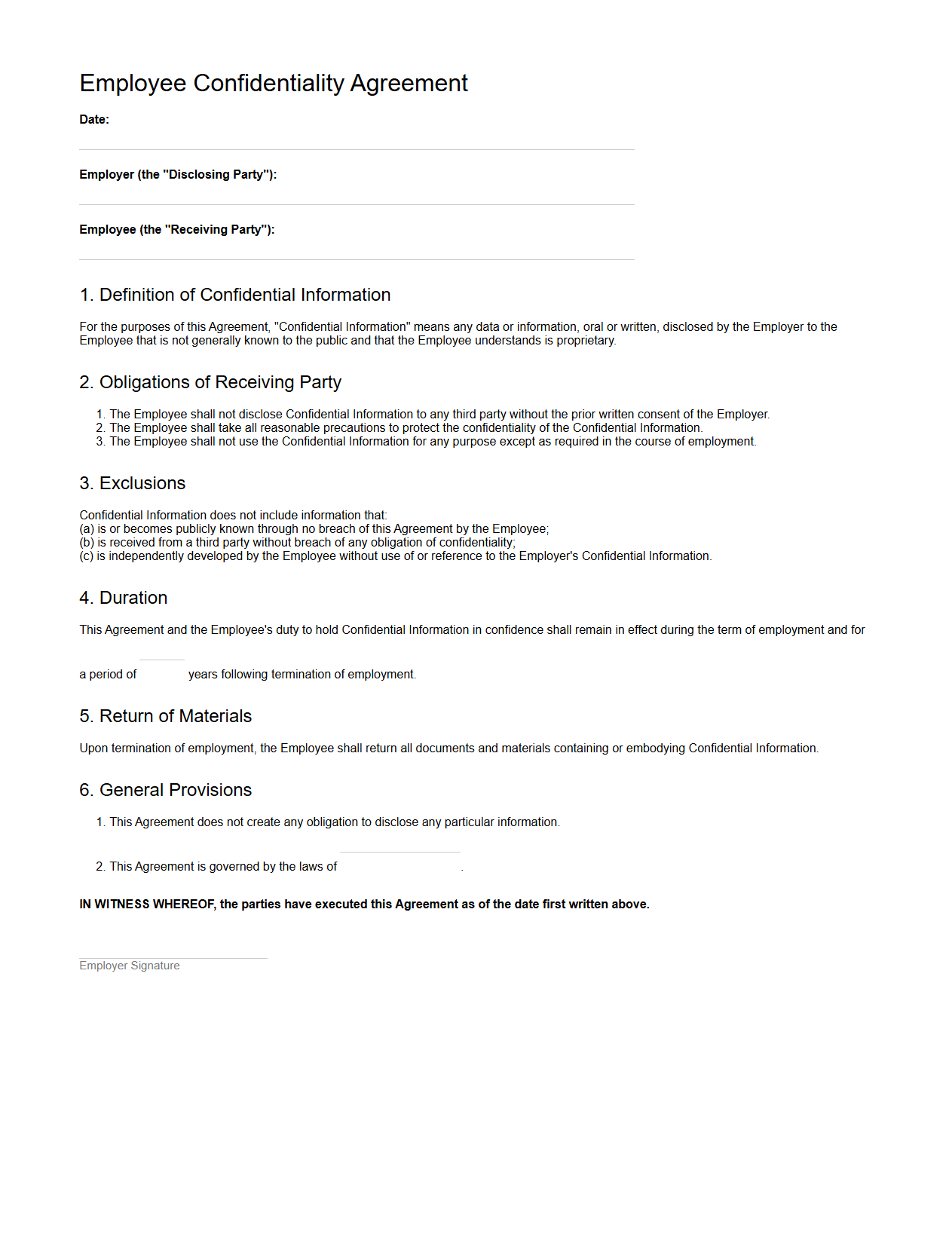 Blank Employee Confidentiality Agreement Template for Parties