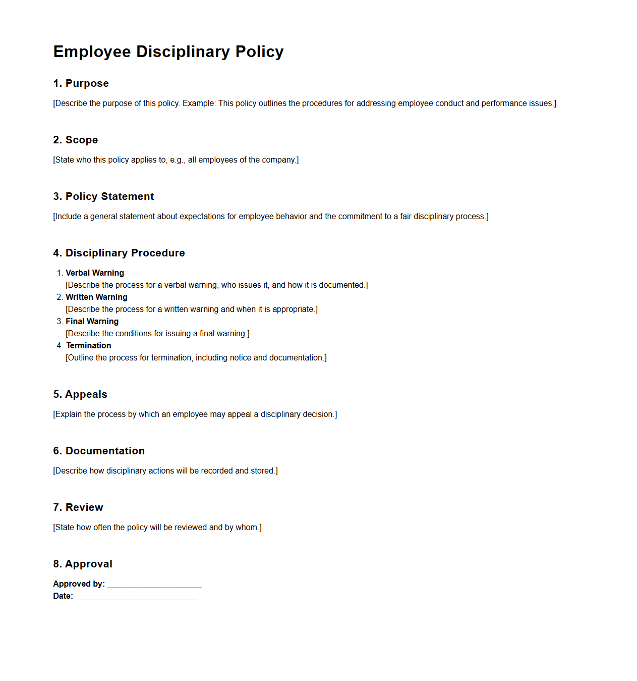 Blank Employee Disciplinary Policy Template