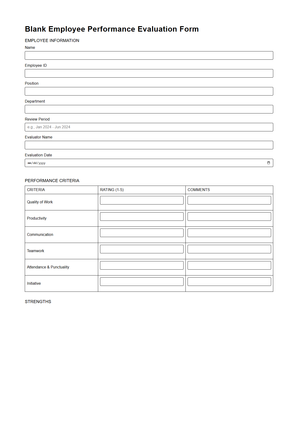 Blank Employee Performance Evaluation Form