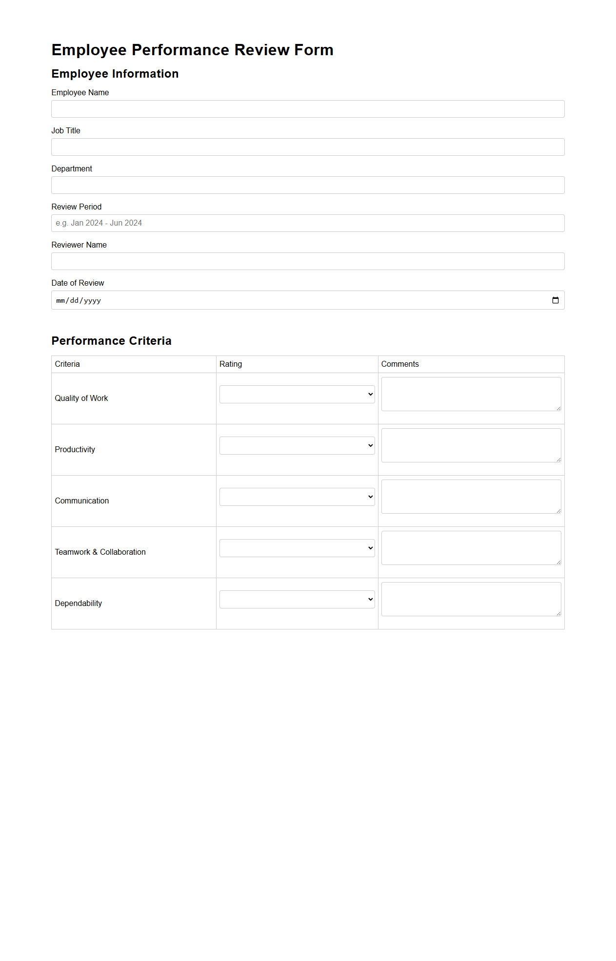 Blank Employee Performance Review Form Template