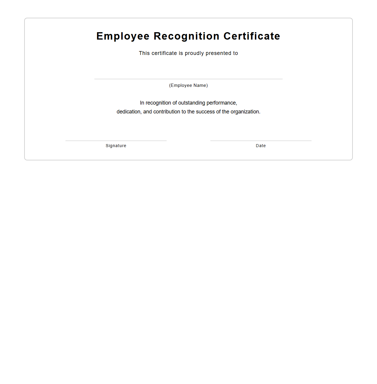 Blank Employee Recognition Certificate Template