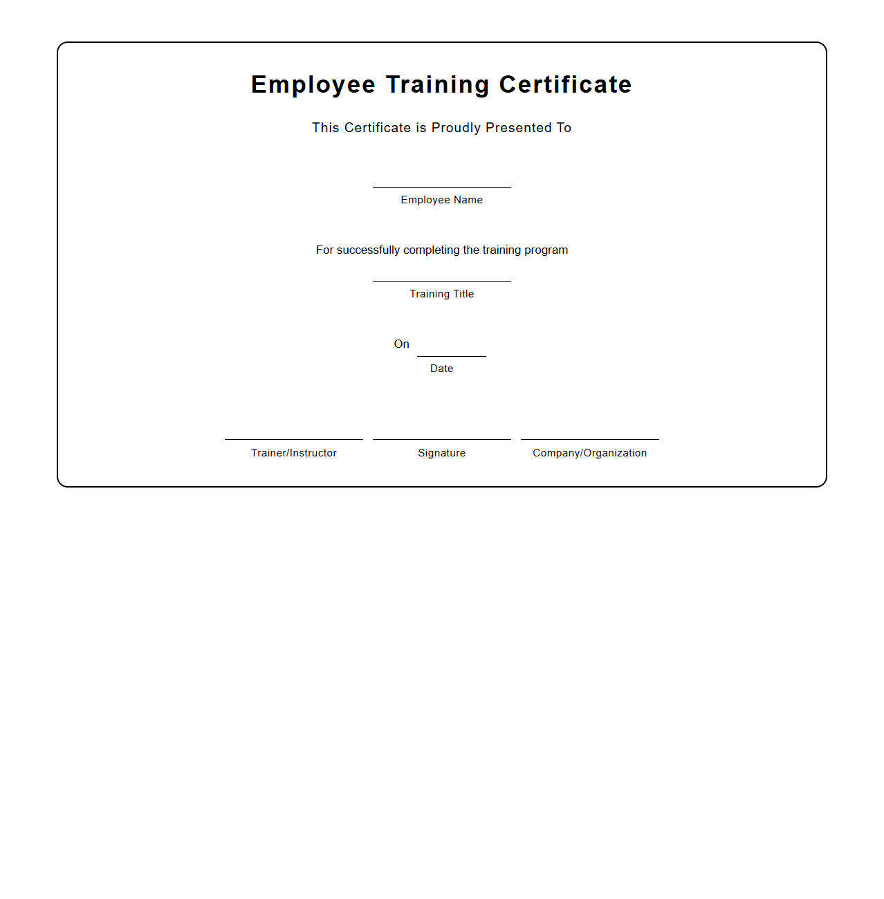 Blank Employee Training Certificate Template