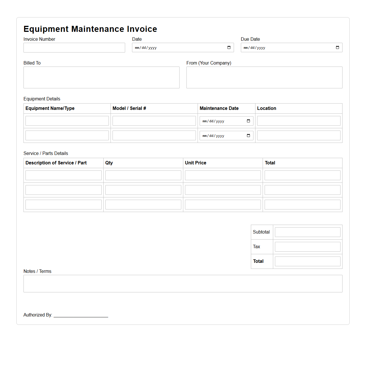 Blank Equipment Maintenance Invoice Format