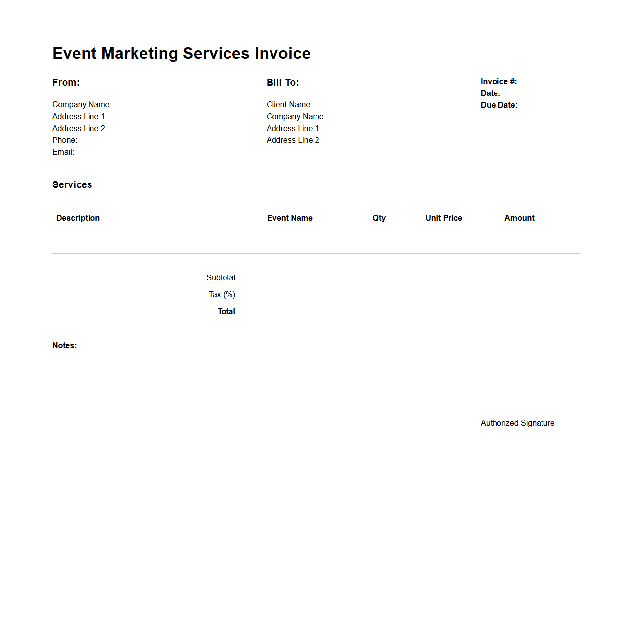 Blank Event Marketing Services Invoice Template