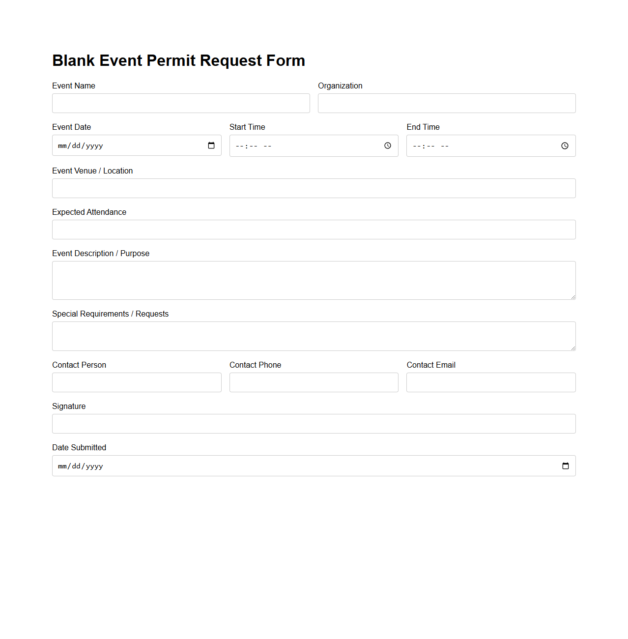 Blank Event Permit Request Form Template