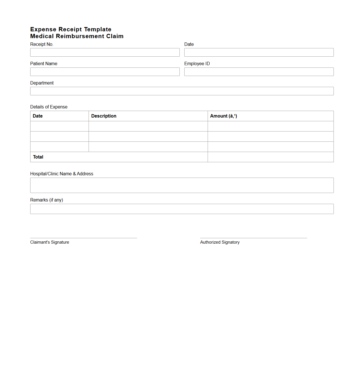 Blank Expense Receipt Template for Medical Reimbursement Claims
