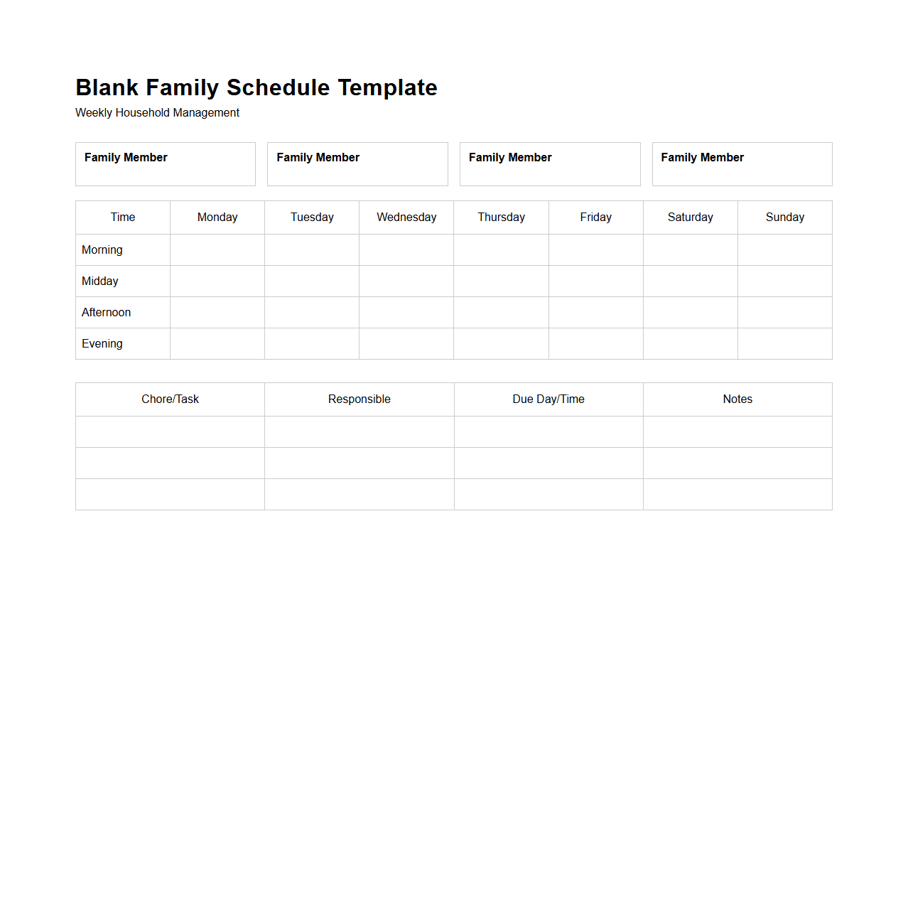Blank Family Schedule Template for Household Management